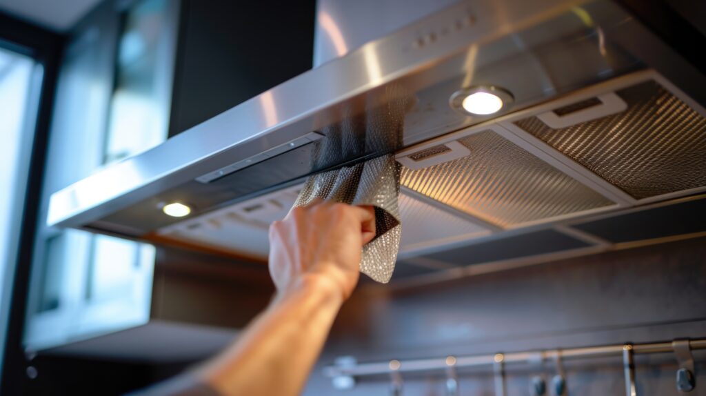 A person cleaning a stainless steel stove top. This image can be used to demonstrate proper cleaning techniques for stainless steel appliances